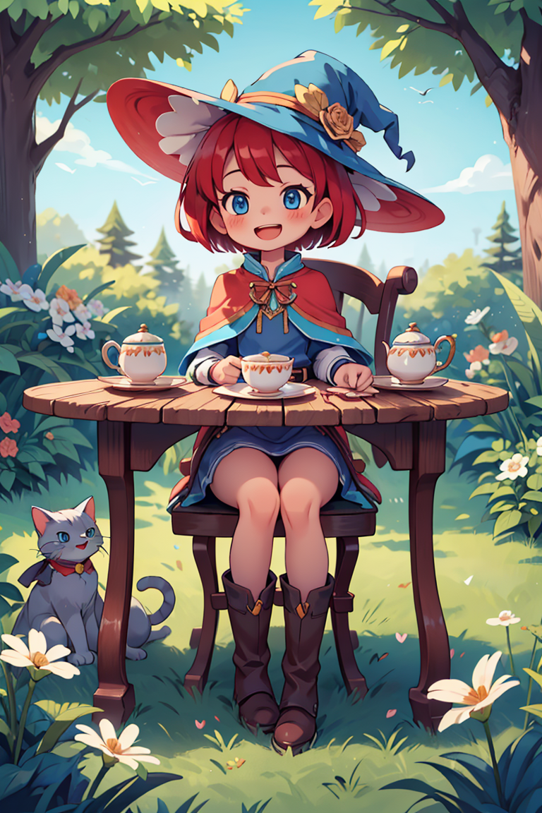 385077-2474954616-masterpiece,best quality,dramatic, witch,1girl, hat, tree, solo, blue eyes, flower, teacup, red hair, cat, smile, sitting, blue.png